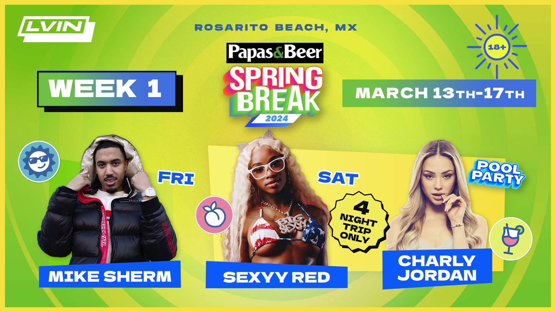 Rosarito Beach Spring Break 2024 Week 1 DJ Artist Mike Sherm Sexyy Red Charly Jordan Papas&Beer Concert LVIN